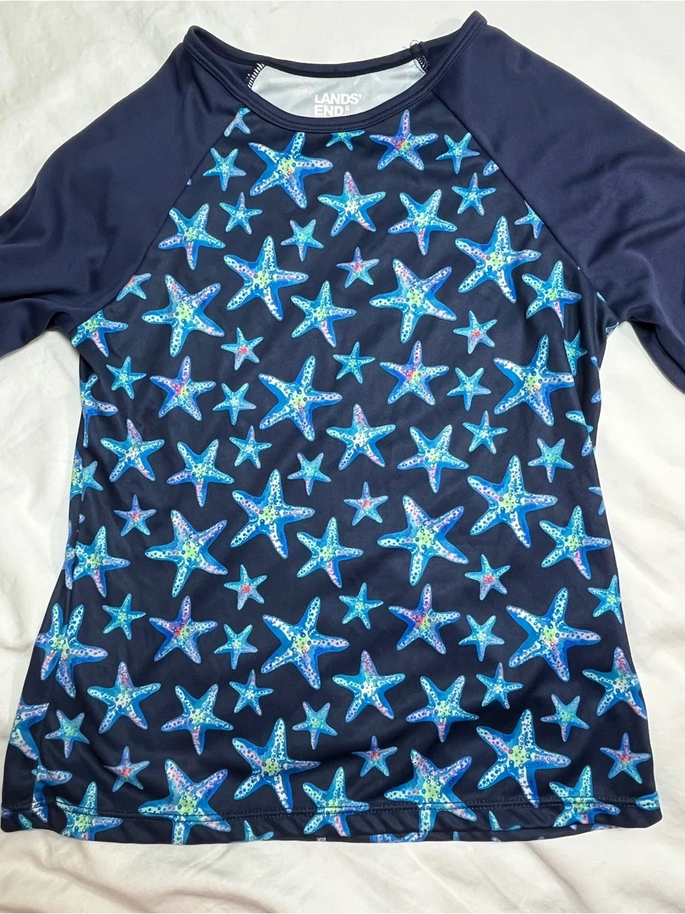 Lands' End Girls 2 Pc Rash Guard Swimsuit Set Starfish Print Navy UPF‎ 10-12
